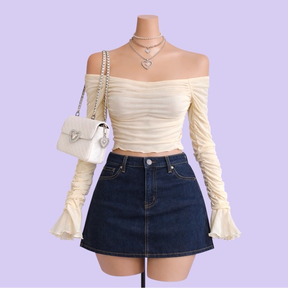 SHEIN Tops - Cream Off Shoulder Ruched Crop Top Ruffle Sleeves Coquette Preppy Y2K Stretch